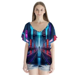 City People Cyberpunk V-neck Flutter Sleeve Top by Jancukart