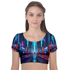 City People Cyberpunk Velvet Short Sleeve Crop Top  by Jancukart