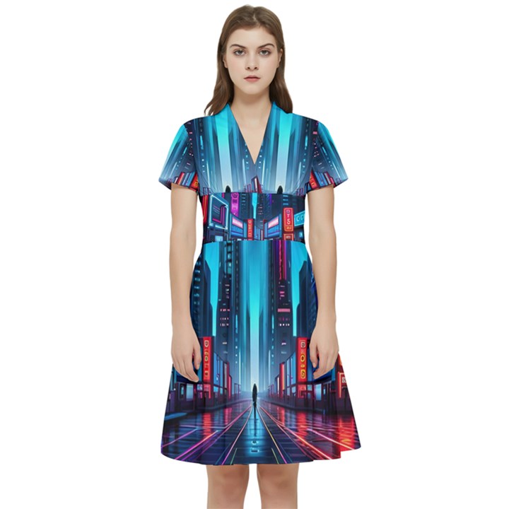 City People Cyberpunk Short Sleeve Waist Detail Dress