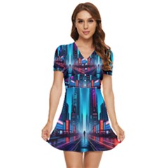 City People Cyberpunk V-neck High Waist Chiffon Mini Dress by Jancukart