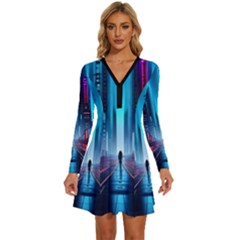 City People Cyberpunk Long Sleeve Deep V Mini Dress 