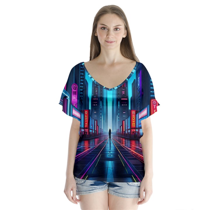 City People Cyberpunk V-Neck Flutter Sleeve Top