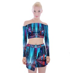 City People Cyberpunk Off Shoulder Top With Mini Skirt Set