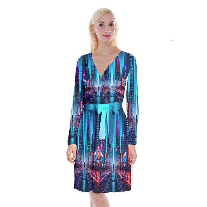 City People Cyberpunk Long Sleeve Velvet Front Wrap Dress