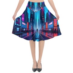 City People Cyberpunk Flared Midi Skirt by Jancukart