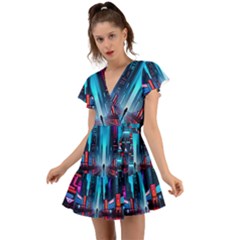 City People Cyberpunk Flutter Sleeve Wrap Dress