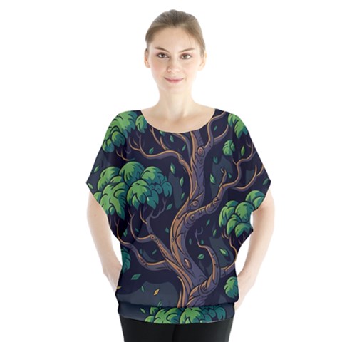 Tree Nature Cartoon Drawing Comic Batwing Chiffon Blouse by Jancukart