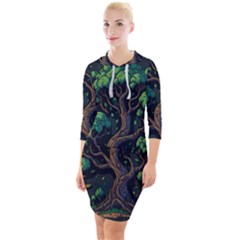 Tree Nature Cartoon Drawing Comic Quarter Sleeve Hood Bodycon Dress