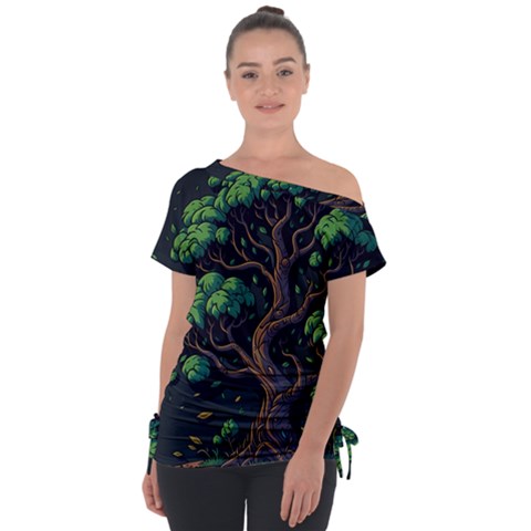 Tree Nature Cartoon Drawing Comic Off Shoulder Tie-up Tee by Jancukart