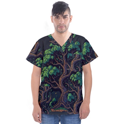 Tree Nature Cartoon Drawing Comic Men s V-neck Scrub Top by Jancukart