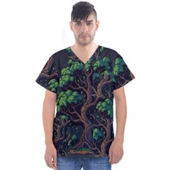 Tree Nature Cartoon Drawing Comic Men s V-neck Scrub Top