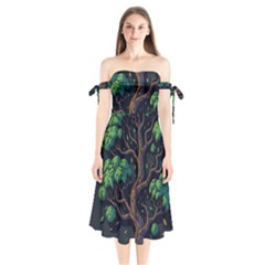 Tree Nature Cartoon Drawing Comic Shoulder Tie Bardot Midi Dress