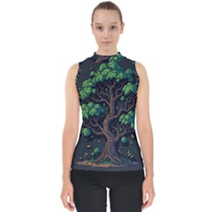 Tree Nature Cartoon Drawing Comic Mock Neck Shell Top