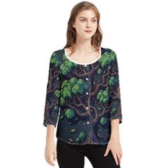 Tree Nature Cartoon Drawing Comic Chiffon Quarter Sleeve Blouse by Jancukart