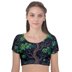 Tree Nature Cartoon Drawing Comic Velvet Short Sleeve Crop Top 