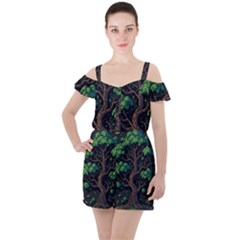 Tree Nature Cartoon Drawing Comic Ruffle Cut Out Chiffon Playsuit