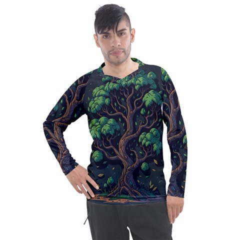 Tree Nature Cartoon Drawing Comic Men s Pique Long Sleeve Tee by Jancukart