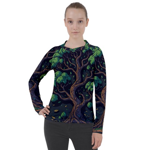 Tree Nature Cartoon Drawing Comic Women s Pique Long Sleeve Tee by Jancukart