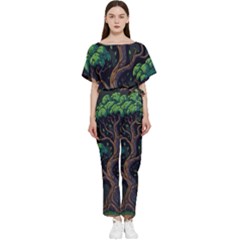 Tree Nature Cartoon Drawing Comic Batwing Lightweight Chiffon Jumpsuit