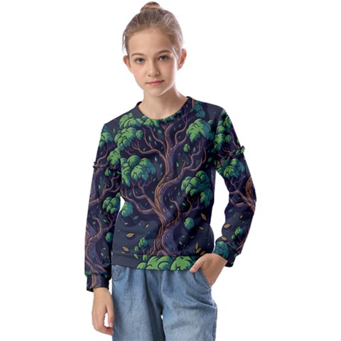 Tree Nature Cartoon Drawing Comic Kids  Long Sleeve Tee With Frill  by Jancukart