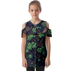 Tree Nature Cartoon Drawing Comic Fold Over Open Sleeve Top