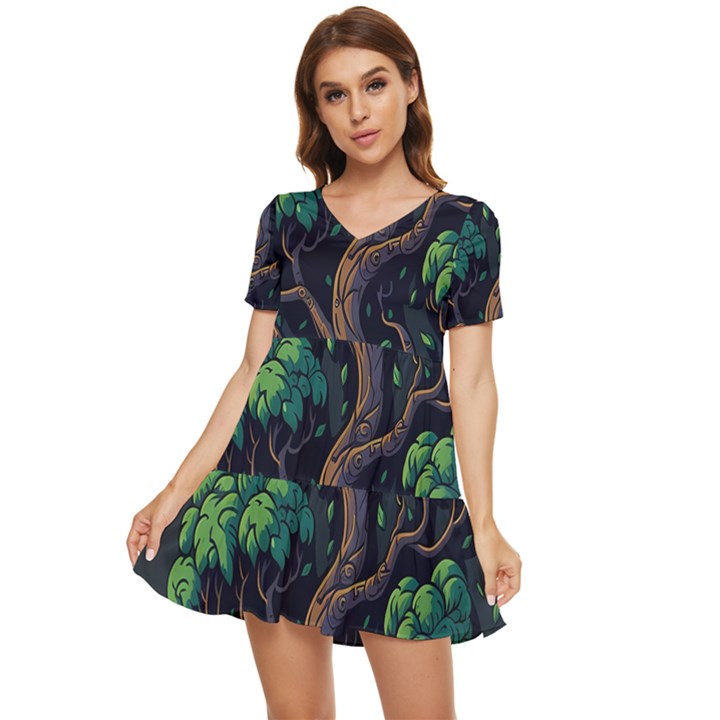 Tree Nature Cartoon Drawing Comic Tiered Short Sleeve Babydoll Dress