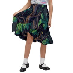 Tree Nature Cartoon Drawing Comic Kids  Ruffle Flared Wrap Midi Skirt by Jancukart