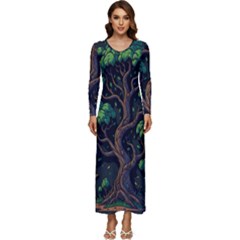 Tree Nature Cartoon Drawing Comic Long Sleeve Longline Maxi Dress