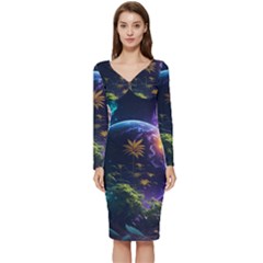 Fantasy People Mysticism Composing Long Sleeve V-neck Bodycon Dress  by Jancukart