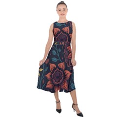 Flower Art Drawing Painting Spring Midi Tie-Back Chiffon Dress