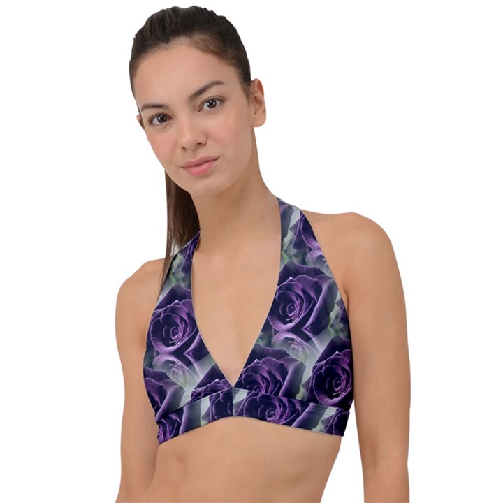 Purple Flower Rose Petals Plant Halter Plunge Bikini Top