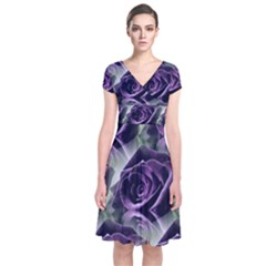 Purple Flower Rose Petals Plant Short Sleeve Front Wrap Dress