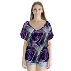 Purple Flower Rose Petals Plant V-neck Flutter Sleeve Top