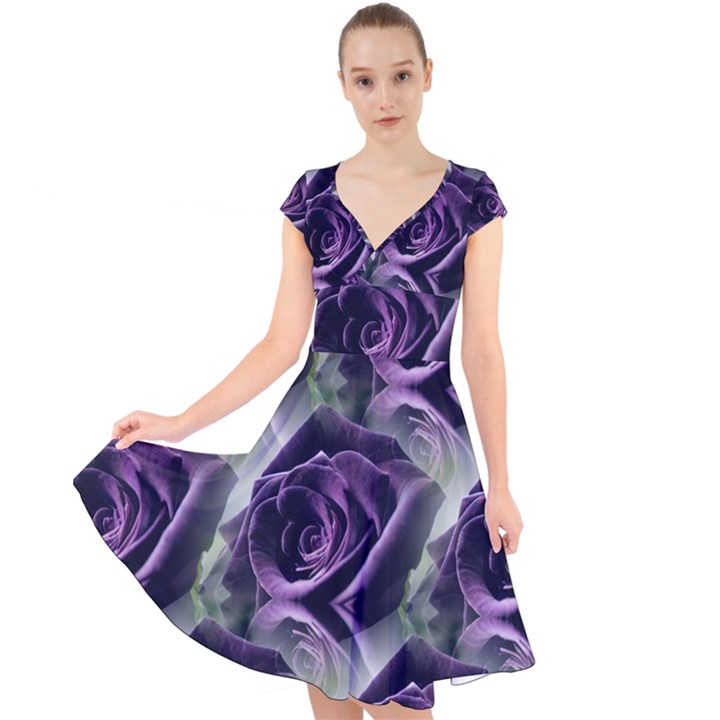 Purple Flower Rose Petals Plant Cap Sleeve Front Wrap Midi Dress