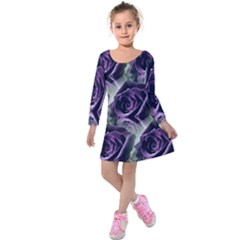 Purple Flower Rose Petals Plant Kids  Long Sleeve Velvet Dress