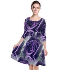 Purple Flower Rose Petals Plant Quarter Sleeve Waist Band Dress