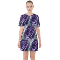 Purple Flower Rose Petals Plant Sixties Short Sleeve Mini Dress