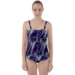 Purple Flower Rose Petals Plant Twist Front Tankini Set