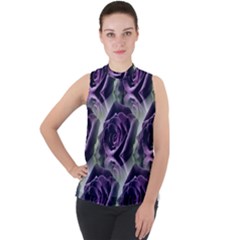 Purple Flower Rose Petals Plant Mock Neck Chiffon Sleeveless Top