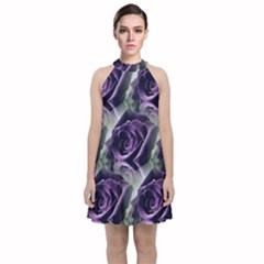 Purple Flower Rose Petals Plant Velvet Halter Neckline Dress 