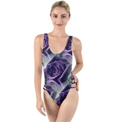 Purple Flower Rose Petals Plant High Leg Strappy Swimsuit