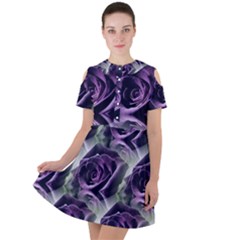 Purple Flower Rose Petals Plant Short Sleeve Shoulder Cut Out Dress 