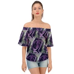 Purple Flower Rose Petals Plant Off Shoulder Short Sleeve Top