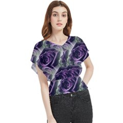 Purple Flower Rose Petals Plant Butterfly Chiffon Blouse