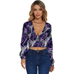 Purple Flower Rose Petals Plant Long Sleeve Deep-v Velour Top