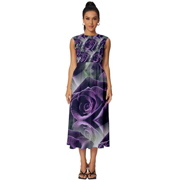 Purple Flower Rose Petals Plant Sleeveless Round Neck Midi Dress