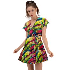 Stained Glass Window Flutter Sleeve Wrap Dress