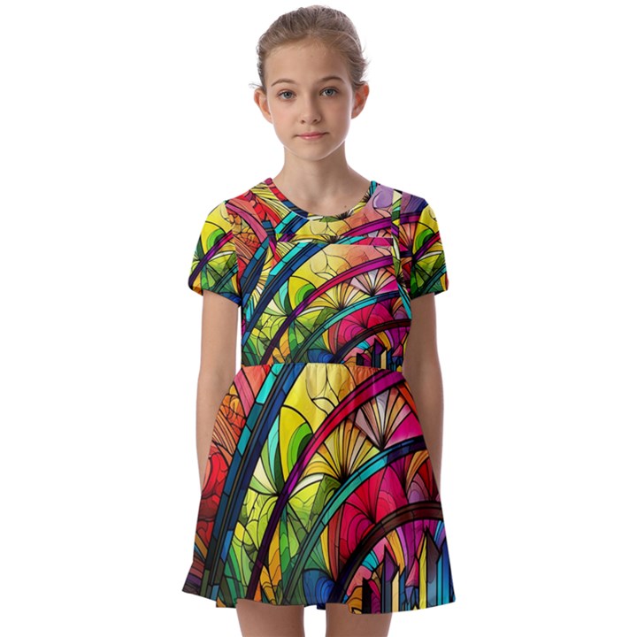 Stained Glass Window Kids  Short Sleeve Pinafore Style Dress