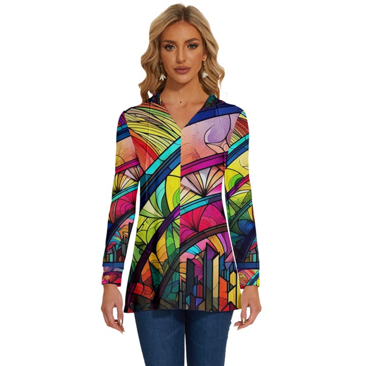 Stained Glass Window Long Sleeve Drawstring Hooded Top