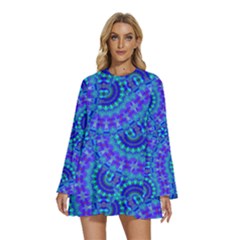 Background Pattern Geometric Round Neck Long Sleeve Bohemian Style Chiffon Mini Dress